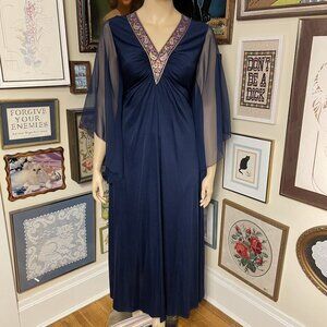 70s Vintage Navy Blue Gown With Sheer Sleeves & Embroidered V-Neck Size XL